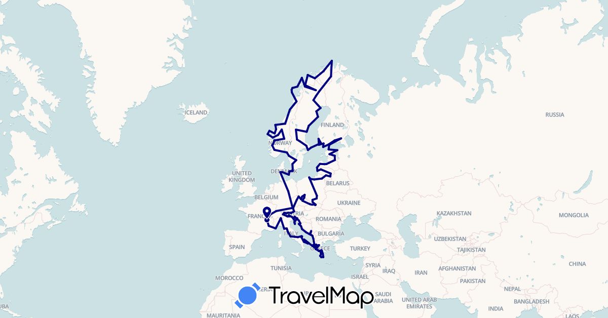 TravelMap itinerary: driving in Albania, Austria, Czech Republic, Germany, Denmark, Estonia, Finland, France, Greece, Croatia, Italy, Lithuania, Latvia, Montenegro, Norway, Poland, Sweden, Slovenia, Slovakia (Europe)